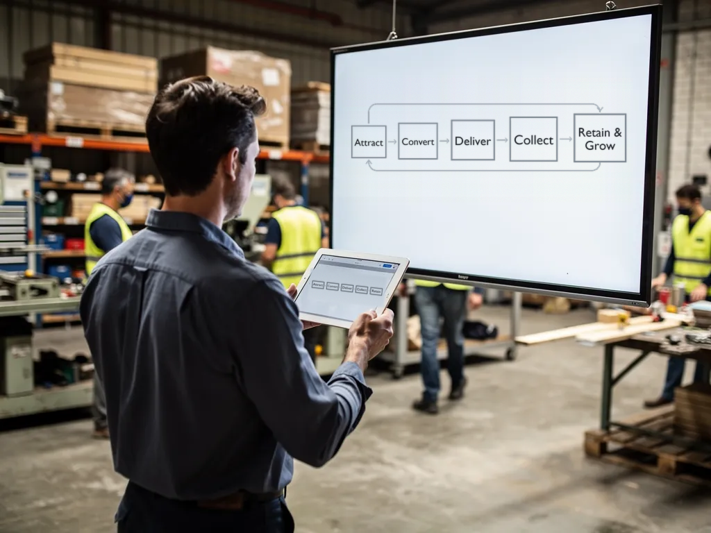 Owner holding a tablet in front of a screen showing the five boxes: Attract, Convert, Deliver, Collect, Retain & Grow
