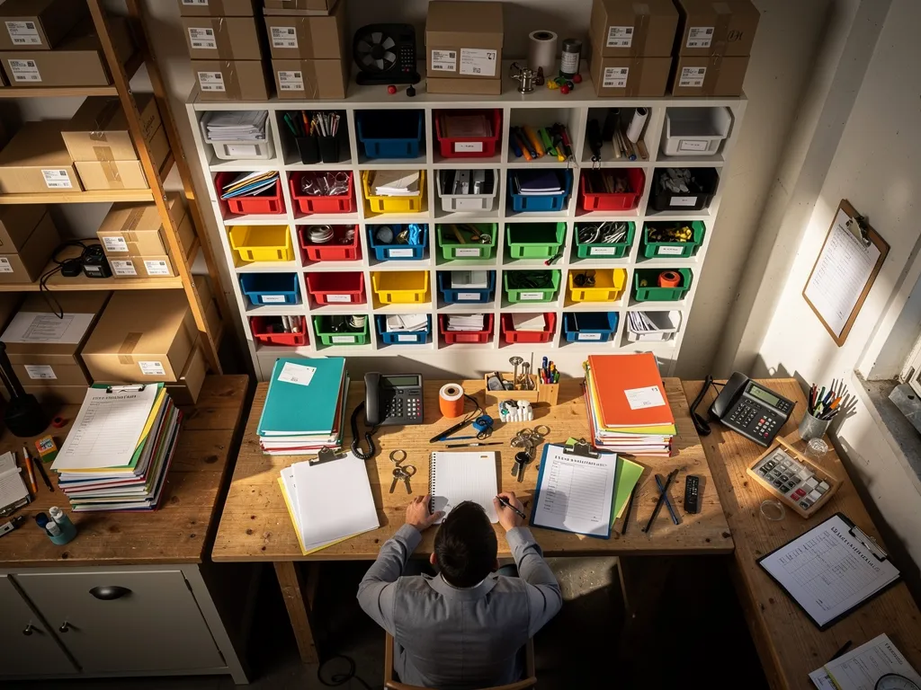 Overhead view of an owner at a cluttered desk surrounded by paperwork and supply bins