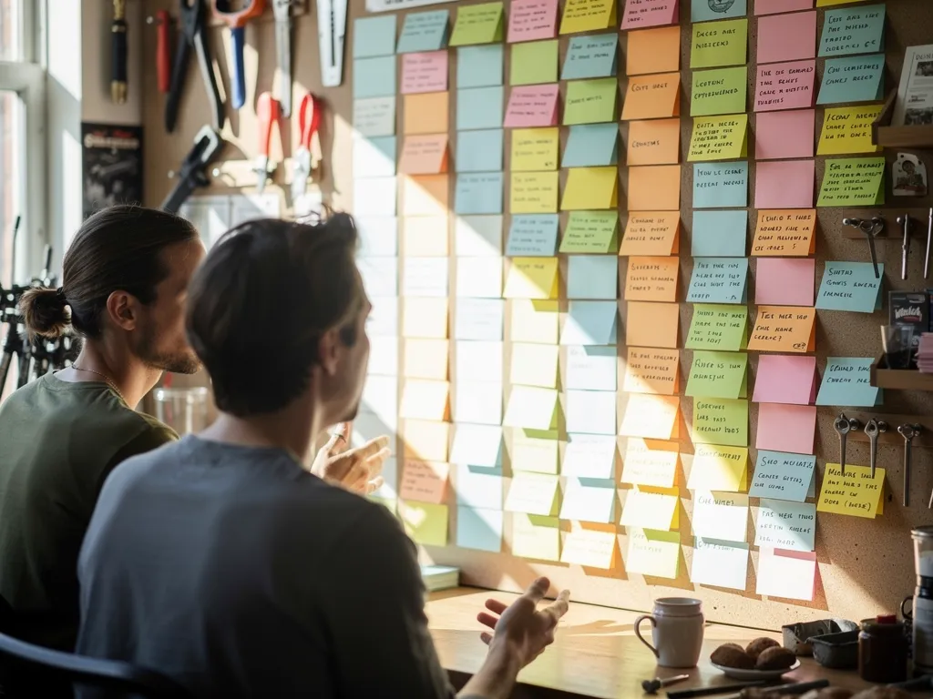 Two people reviewing a wall of color-coded sticky notes listing tasks