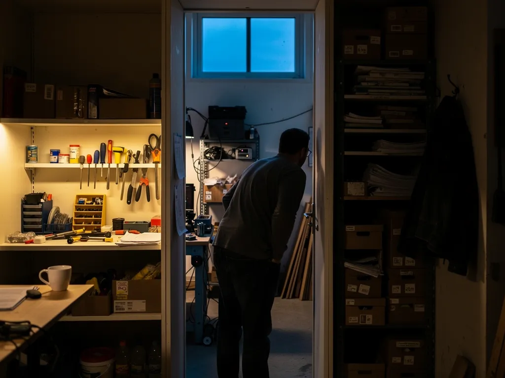 Owner working alone in a small, dim workshop after hours