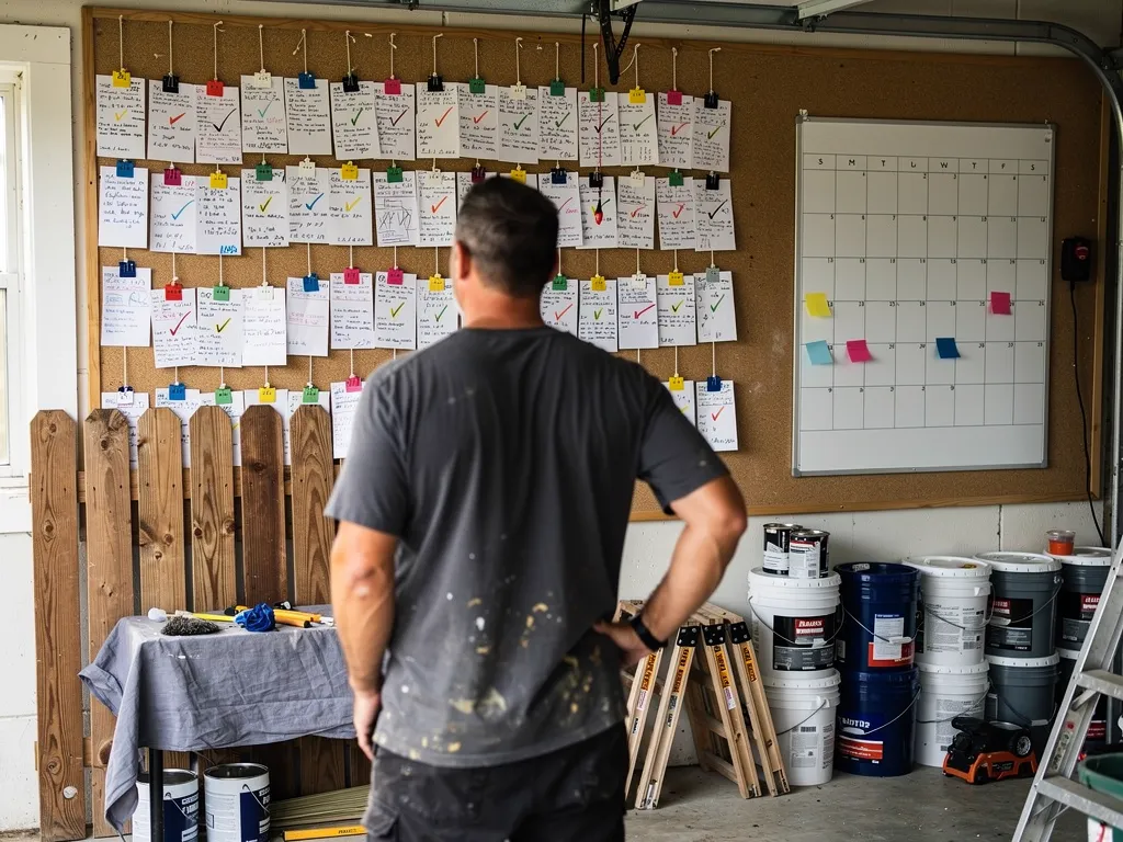 Owner studying a wall of job tickets next to a planning calendar