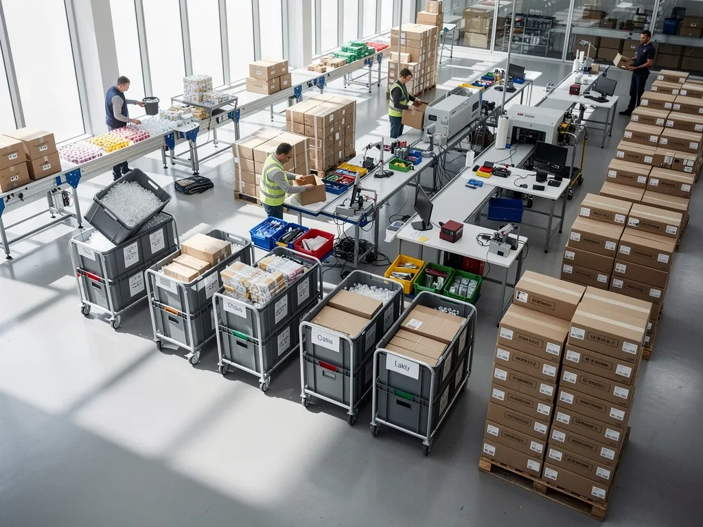 Warehouse floor with carts of work waiting to be processed