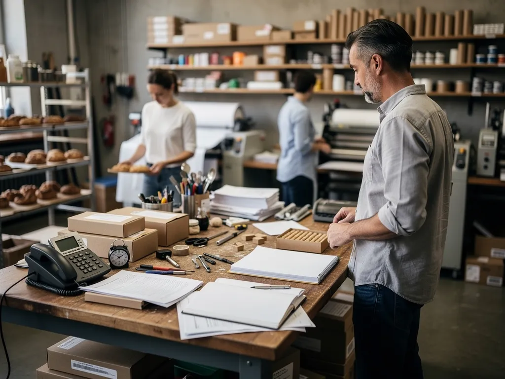 Owner reviewing work at a production bench while the team works behind him