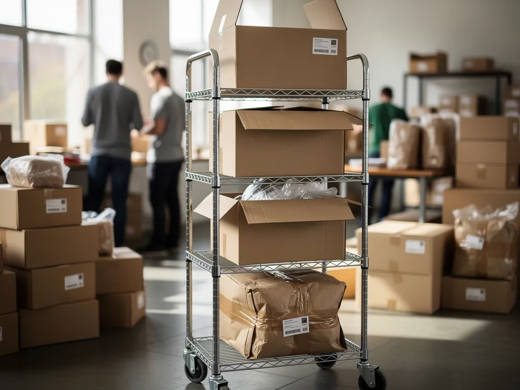 Stacked boxes on a cart ready to go, with the team talking in the background