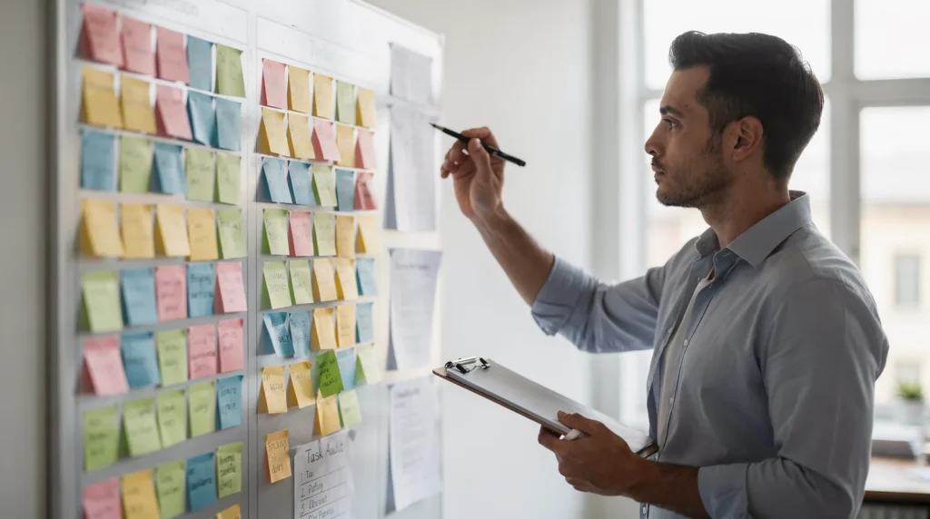 A business owner with a clipboard sorting his task list on a wall of sticky notes