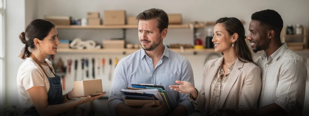 A business owner holding a stack of folders while his team offers to take some of the work