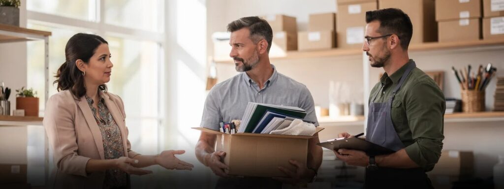 A business owner still holding a box of paperwork while two team members talk with him